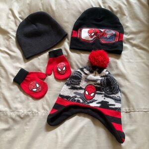 Set of 2 Marvel Spider-Man Red and Black Winter Beanie, One Set Matching Gloves.